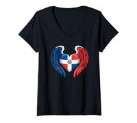 Femme Drapeau République Dominicaine Cœur avec Ailes d'ange Patriotique T-Shirt avec Col en V