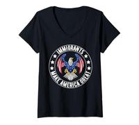 Femme Drapeau rétro américain drôle Immigrants Make America Great, No Kings T-Shirt avec Col en V