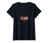 Femme Drapeau rétro du Colorado en Forme de cœur T-Shirt avec Col en V