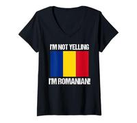 Femme Drapeau roumain avec Citation « I'm Not Yelling » T-Shirt avec Col en V