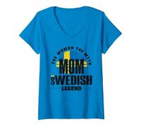 Femme Drapeau suédois suédois mère T-Shirt avec Col en V, Saphir, XL