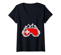 Femme Drapeau Suisse Cadeau Ski Sports d'hiver Ski Snowboard T-Shirt avec Col en V