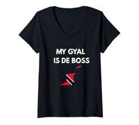 Femme Drapeau Trini de Trinité-et-Tobago Argot My Gyal is De Boss T-Shirt avec Col en V