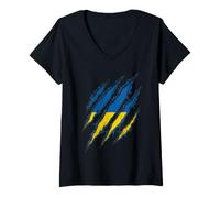 Femme Drapeau ukrainien déchiré Griffes T-Shirt avec Col en V