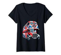 Femme Drapeau Union Jack à Deux étages Motif Bus londonien T-Shirt avec Col en V
