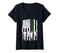 Femme Drapeau US Soldats Thin Green Line Independence Day USA T-Shirt avec Col en V