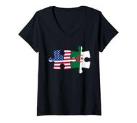 Femme Drapeau USA Algérie - Puzzle Drapeau Vieilli T-Shirt avec Col en V