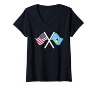 Femme Drapeau USA et Sainte-Lucie Croisé Double Racines T-Shirt avec Col en V