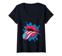 Femme Drapeau USA Langue Lèvres Jour de l'Indépendance 4 juillet Rock Roll T-Shirt avec Col en V