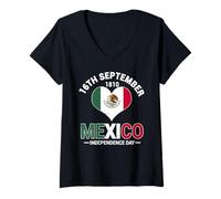Femme Drapeau Viva Mexique Jour de l'Indépendance 1810 Cœur T-Shirt avec Col en V
