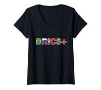 Femme Drapeaux BRICS+ du Brésil, de la Russie, de l'Inde, de la Chine et de l'Afrique du Sud T-Shirt avec Col en V