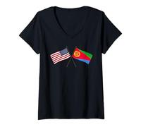 Femme Drapeaux croisés USA Érythrée Patrimoine érythréen américain T-Shirt avec Col en V