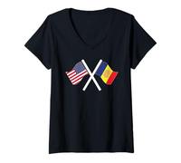 Femme Drapeaux croisés USA et Andorre Dual Roots T-Shirt avec Col en V