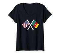 Femme Drapeaux croisés USA et Cameroun Dual Roots T-Shirt avec Col en V