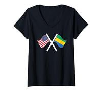 Femme Drapeaux croisés USA et Gabon Double Racines T-Shirt avec Col en V