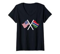 Femme Drapeaux croisés USA et Gambie Double Racines T-Shirt avec Col en V