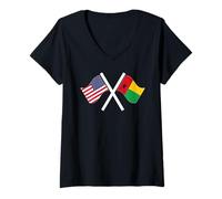 Femme Drapeaux croisés USA et Guinée Bissau Dual Roots T-Shirt avec Col en V