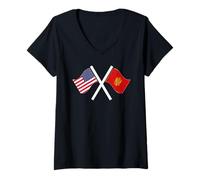 Femme Drapeaux croisés USA et MONTÉNÉGRO Dual Roots T-Shirt avec Col en V