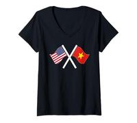 Femme Drapeaux croisés USA et Vietnam Double Racines T-Shirt avec Col en V