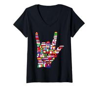Femme Drapeaux de Pays en Langue des Signes « I Love You » pour Professeur ASL T-Shirt avec Col en V