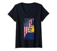 Femme Drapeaux des États-Unis et de la Barbade - États-Unis d'Amérique Bajan T-Shirt avec Col en V