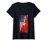 Femme Drapeaux des États-Unis et du Vietnam - États-Unis d'Amérique, Vietnamien T-Shirt avec Col en V