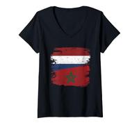 Femme Drapeaux du Maroc des Pays-Bas Deux Racines Country Pride T-Shirt avec Col en V