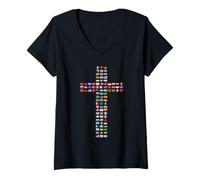 Femme Drapeaux du Monde - Croix de la Foi chrétienne des Pays T-Shirt avec Col en V
