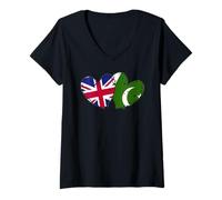 Femme Drapeaux du Royaume-Uni Pakistan en Forme de cœur Culture Pakistanaise Britannique T-Shirt avec Col en V