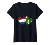 Femme Drapeaux Pakistan Pays-Bas en Forme de cœur Culture Pakistanaise néerlandaise T-Shirt avec Col en V