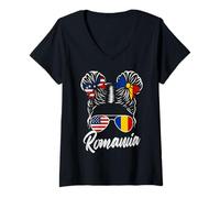 Femme Drapeaux Roumanie USA Femme Américaine Chignon Décoiffé T-Shirt avec Col en V