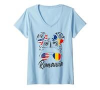 Femme Drapeaux Roumanie USA Femme Américaine Chignon Décoiffé T-Shirt avec Col en V