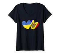 Femme Drapeaux Ukraine Moldavie Cœur Ukrainien Moldave Double Drapeau T-Shirt avec Col en V