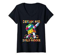Femme Dream Big Build Bigger Funny Blocks Bricks Master Builder T-Shirt avec Col en V