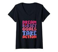 Femme Dream Big Set Goals Passez à l'action T-Shirt avec Col en V