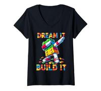 Femme Dream It Build It Funny Blocks Bricks Toy Master Builder T-Shirt avec Col en V