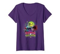 Femme DreamWorks Trolls Happy Trolloween Halloween T-Shirt avec Col en V, Violet, S