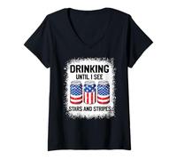 Femme Drinking Until I See Stars & Stripes Blanchi 4 juillet T-Shirt avec Col en V