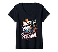 Femme Drip Basketball Libérez Votre potentiel Slam Dunk coloré T-Shirt avec Col en V