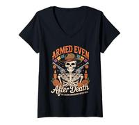 Femme Droits d'armes patriotiques Latino - Squelette avec Revolvers T-Shirt avec Col en V