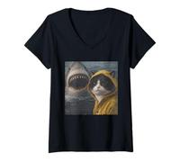 Femme Drôle Bicolore Chat Requin Attaque Meme Vintage T-Shirt avec Col en V