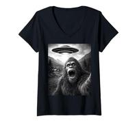 Femme Drôle Bigfoot Alien UFO Abduction Selfie T-Shirt avec Col en V