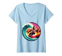 Femme Drôle Bigfoot Riding Waves Surf avec Sensation Tropicale Aloha T-Shirt avec Col en V