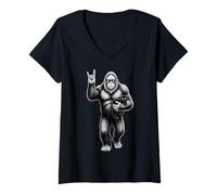 Femme Drôle Bigfoot Sasquatch Tenant Un Chat, Rock on Graphic T-Shirt avec Col en V