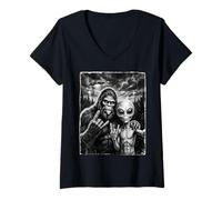 Femme Drôle Bigfoot Selfie Rock on UFO Sasquatch T-Shirt avec Col en V