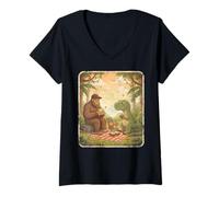 Femme Drôle Bigfoot T-Rex Pique-Nique Dinosaure Sasquatch Lover T-Shirt avec Col en V