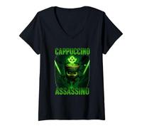 Femme Drôle Cappuccino Assassin Café Ninja Samouraï T Shirt T-Shirt avec Col en V