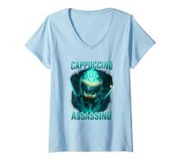 Femme Drôle Cappuccino Assassin Café Ninja Samouraï T Shirt T-Shirt avec Col en V