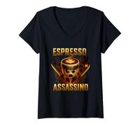 Femme Drôle Cappuccino Assassin Café Ninja Samouraï T Shirt T-Shirt avec Col en V