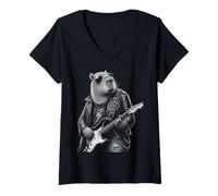 Femme Drôle Capybara Guitar Rock Music Lover Art Illustration T-Shirt avec Col en V